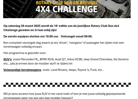 Uitnodiging Rotary Club Son 4×4 Challenge zaterdag 29 maart 2025