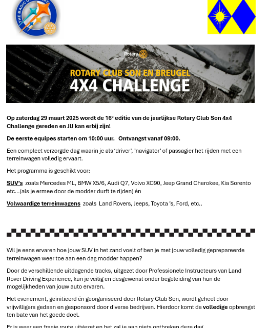 Uitnodiging Rotary Club Son 4×4 Challenge zaterdag 29 maart 2025